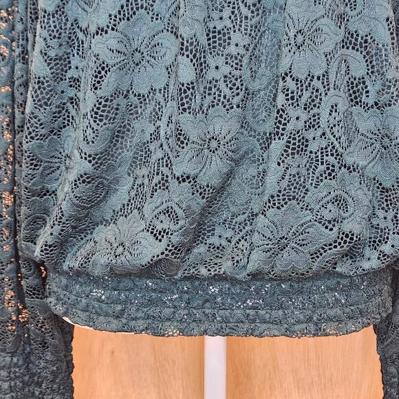 Cable & Gauge Green Mock Neck Sheer Long Sleeve Lace Floral Blouse Size M - Picture 5 of 10